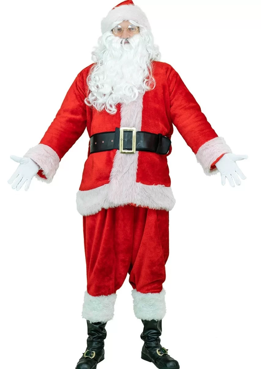 Man in a deluxe Santa Claus costume standing with his arms outstretched against a white background, Hire Santa Claus in Singapore Man in a deluxe Santa Claus costume standing with his arms outstretched against a white background, Hire Santa Claus in Singapore