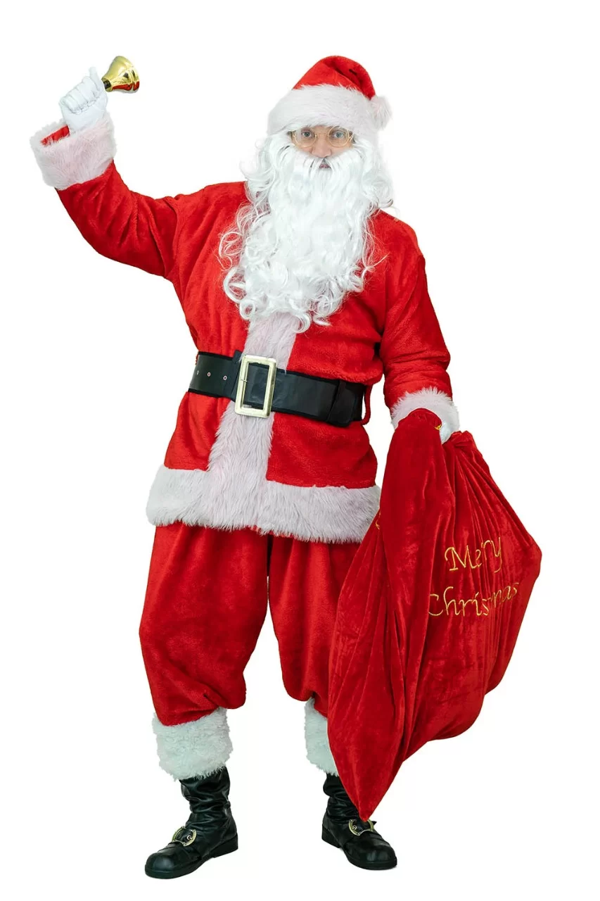 Man dressed as Santa Claus, holding a bell in one hand and a bag of presents in the other, Hire Santa Claus in Singapore Man dressed as Santa Claus, holding a bell in one hand and a bag of presents in the other, Hire Santa Claus in Singapore