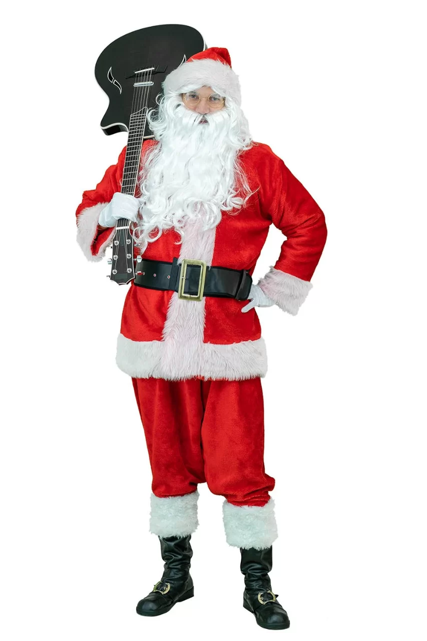 Man dressed in a deluxe Santa Claus costume, holding a guitar in his hands, Hire Santa Claus in Singapore Man dressed in a deluxe Santa Claus costume, holding a guitar in his hands, Hire Santa Claus in Singapore