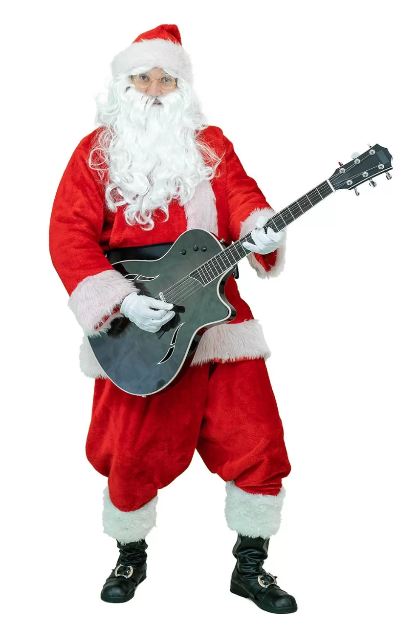 Man dressed as Santa Claus playing a guitar against a white background, Hire Santa Claus in Singapore Man dressed as Santa Claus playing a guitar against a white background, Hire Santa Claus in Singapore