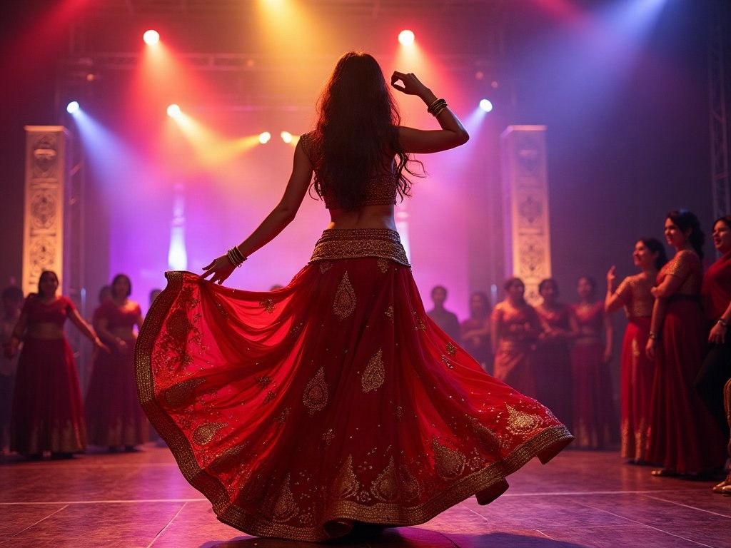 Bollywood dancer twirling in a red lehenga on stage in Singapore
